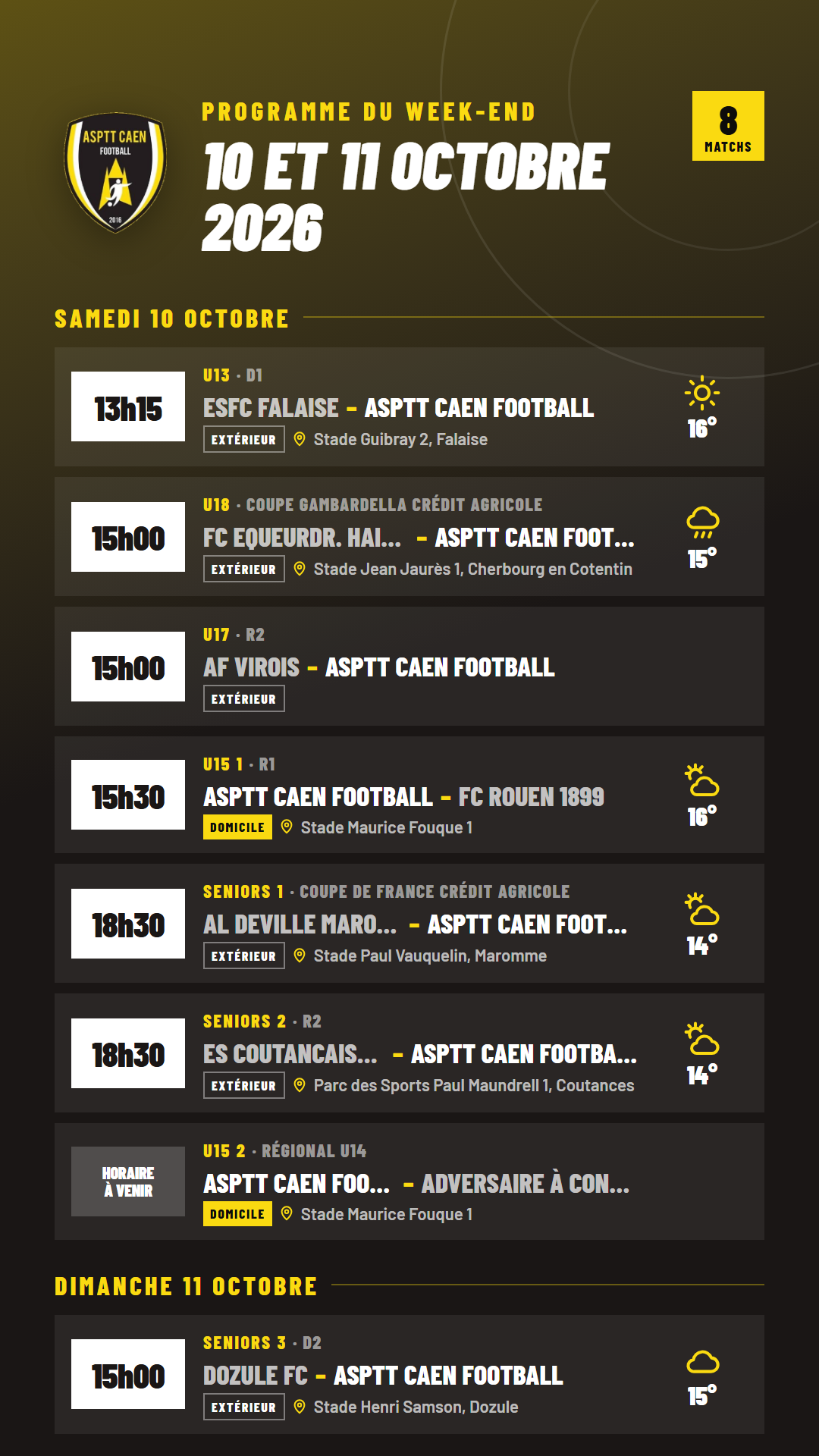 Programme du week-end de l'ASPTT Caen Football, 10 et 11 octobre 2026